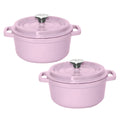 NNEAGS 2X 24cm Pink Cast Iron Ceramic Stewpot Casserole Stew Cooking Pot With Lid