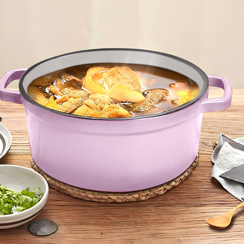 NNEAGS 2X 24cm Pink Cast Iron Ceramic Stewpot Casserole Stew Cooking Pot With Lid