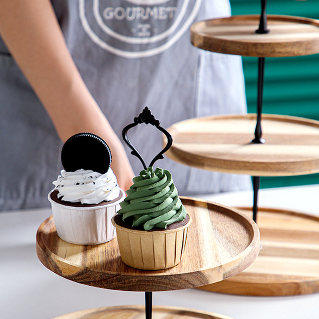 NNEAGS 20cm 2 Tier Brown  Round Wooden Acacia  Dessert Tray Cake Snacks Cupcake Stand Buffet Serving Countertop Decor