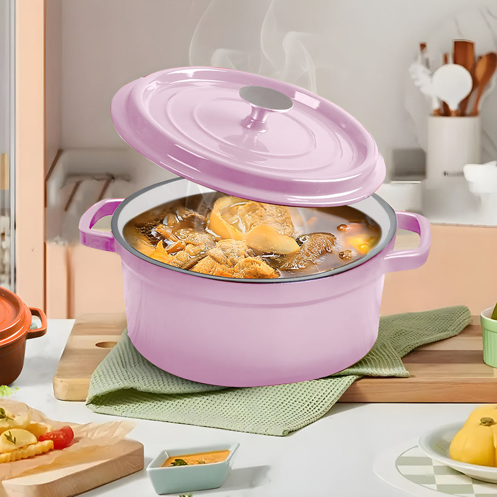 NNEAGS 2X 24cm Pink Cast Iron Ceramic Stewpot Casserole Stew Cooking Pot With Lid