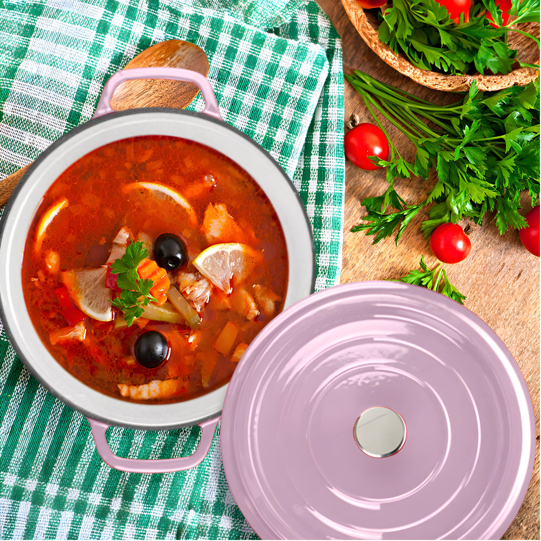 NNEAGS 2X 24cm Pink Cast Iron Ceramic Stewpot Casserole Stew Cooking Pot With Lid
