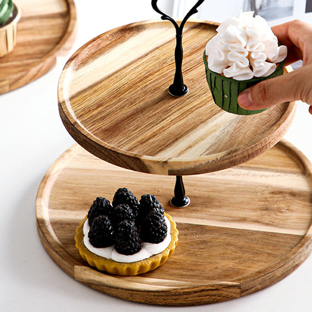 NNEAGS 20cm 2 Tier Brown  Round Wooden Acacia  Dessert Tray Cake Snacks Cupcake Stand Buffet Serving Countertop Decor