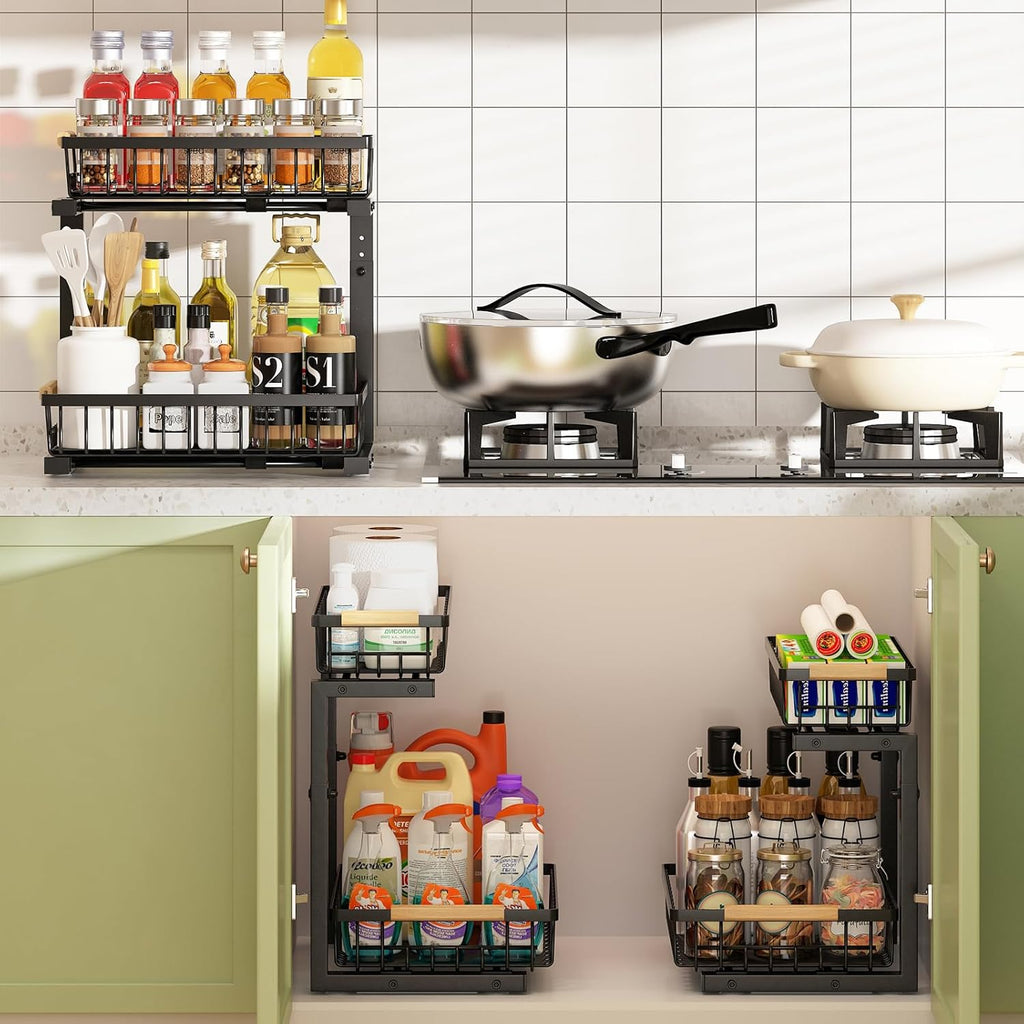CARLA HOME 2-Tier Kitchen Under Sink Organiser Storage with Height Adjustable, Unique Slide Rail & Suction Cups for Storage