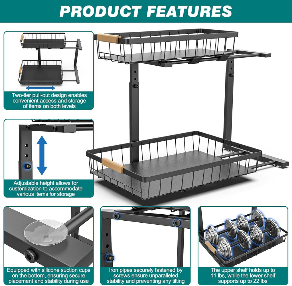 CARLA HOME 2-Tier Kitchen Under Sink Organiser Storage with Height Adjustable, Unique Slide Rail & Suction Cups for Storage