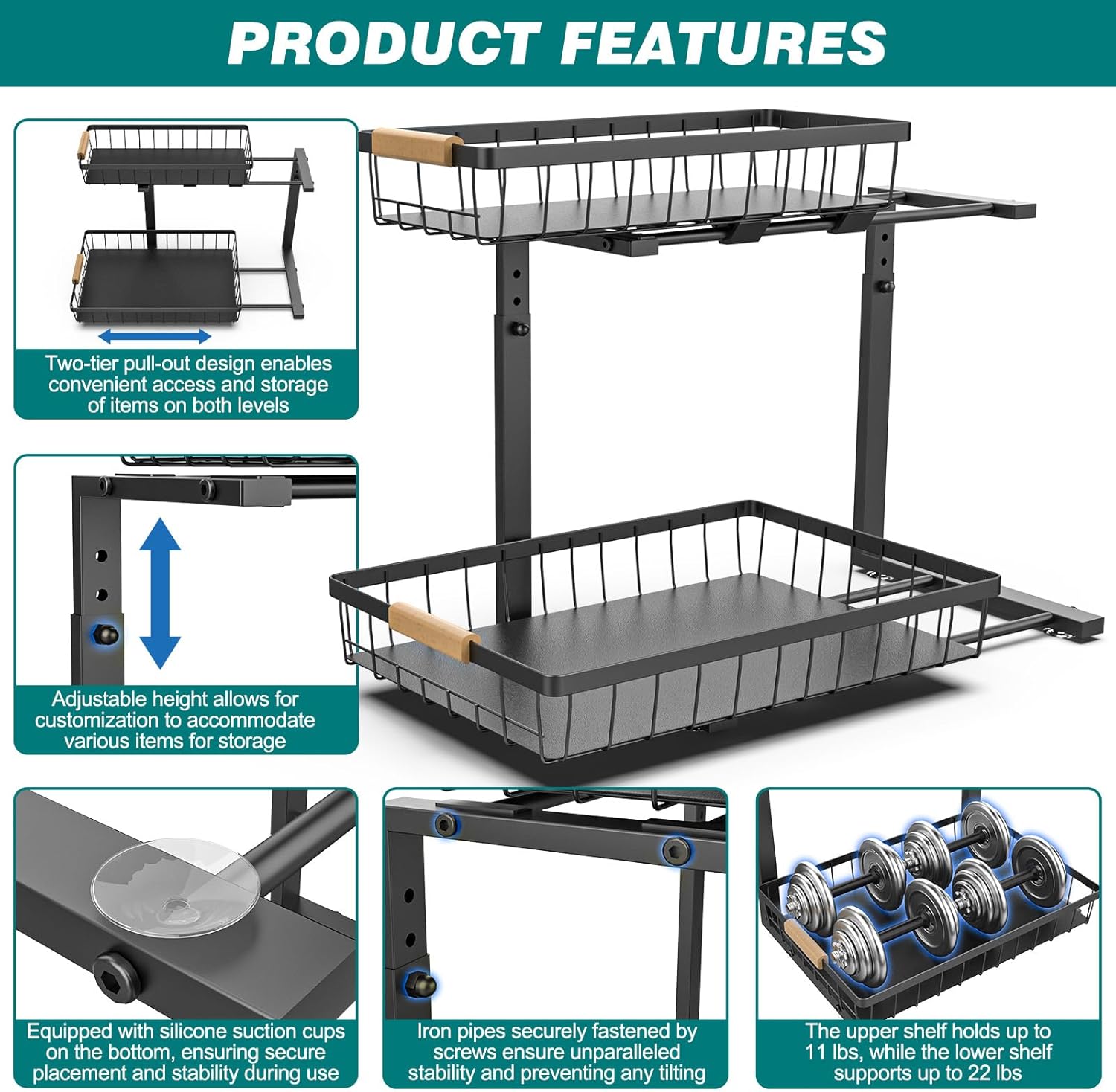 CARLA HOME 2-Tier Kitchen Under Sink Organiser Storage with Height Adjustable, Unique Slide Rail & Suction Cups for Storage