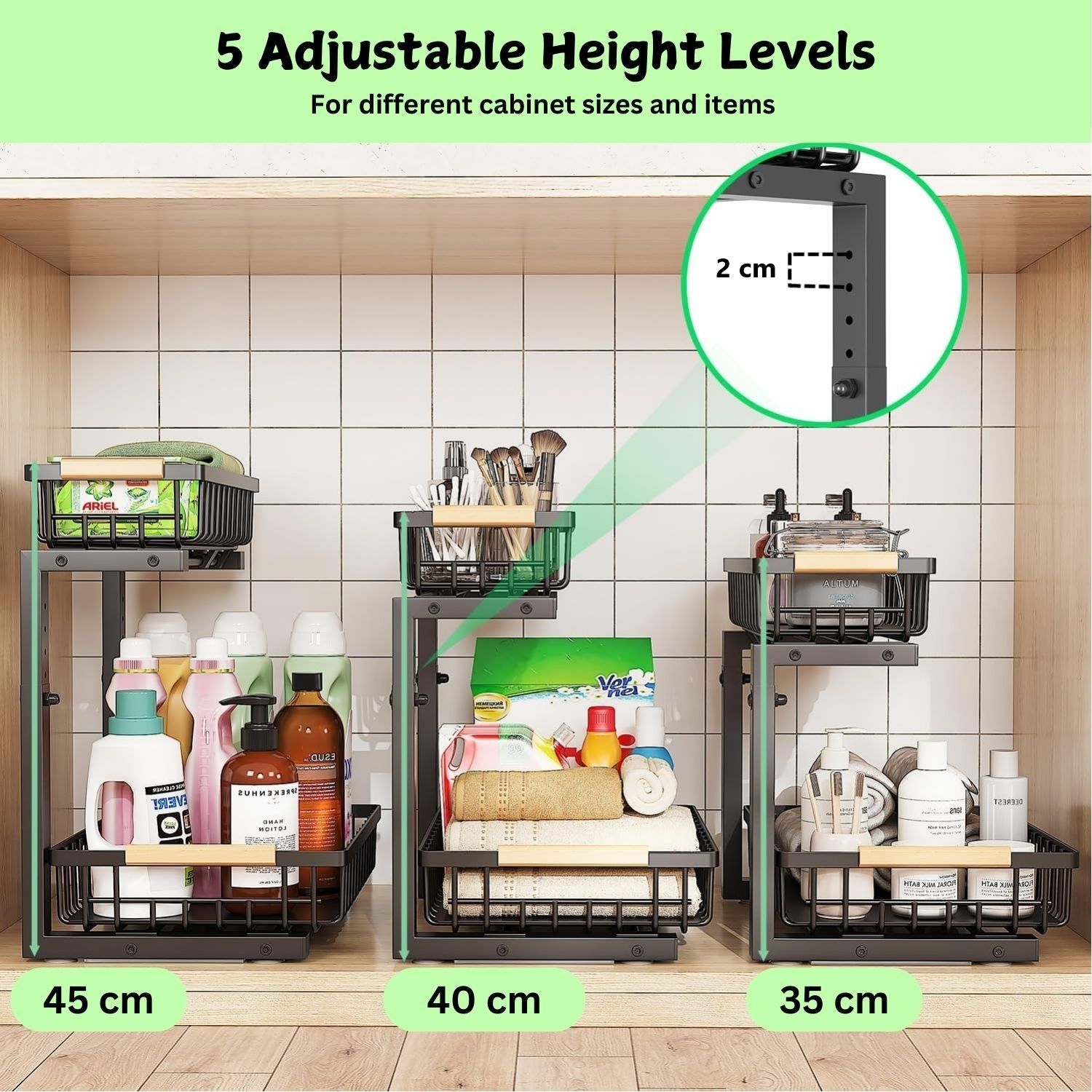 CARLA HOME 2-Tier Kitchen Under Sink Organiser Storage with Height Adjustable, Unique Slide Rail & Suction Cups for Storage