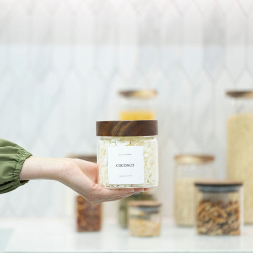 Acacia screw-on lid glass pantry storage jars in five sizes