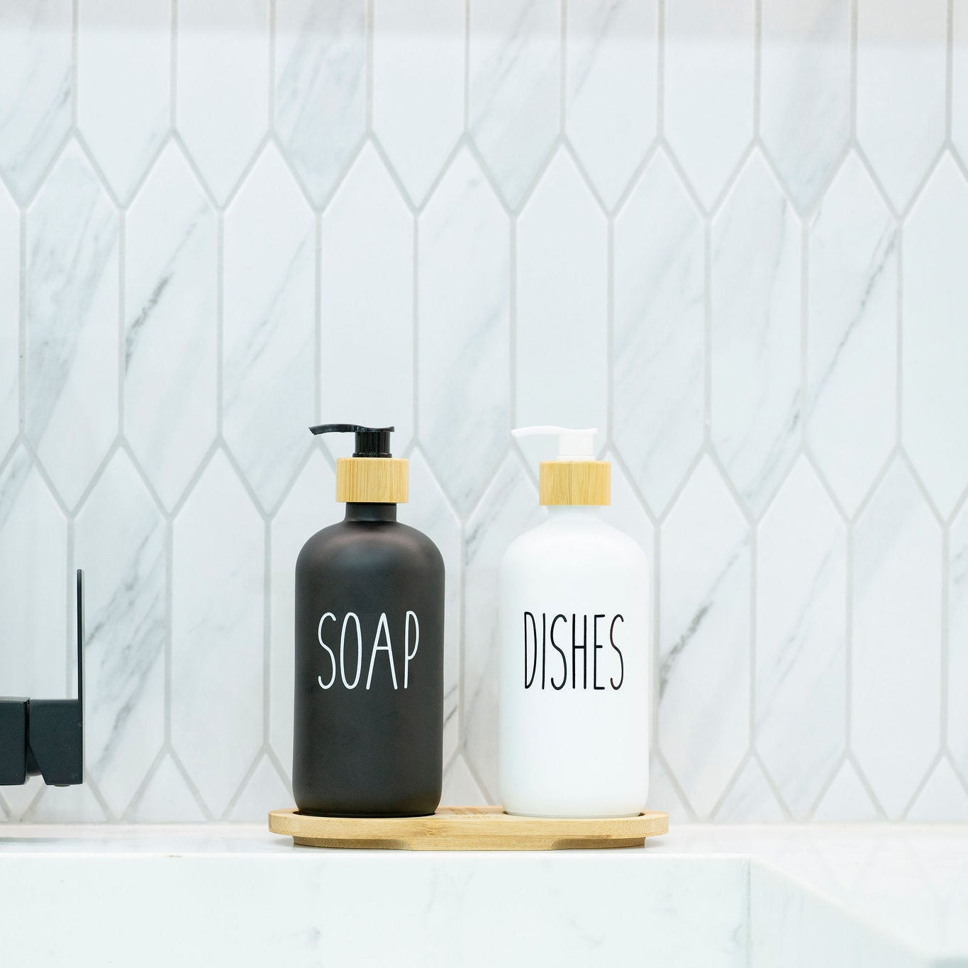 Two glass pump bottles on a bamboo tray, 500ml set
