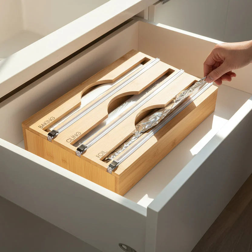 Bamboo food wrap dispenser with three inserts for foil, cling wrap and paper